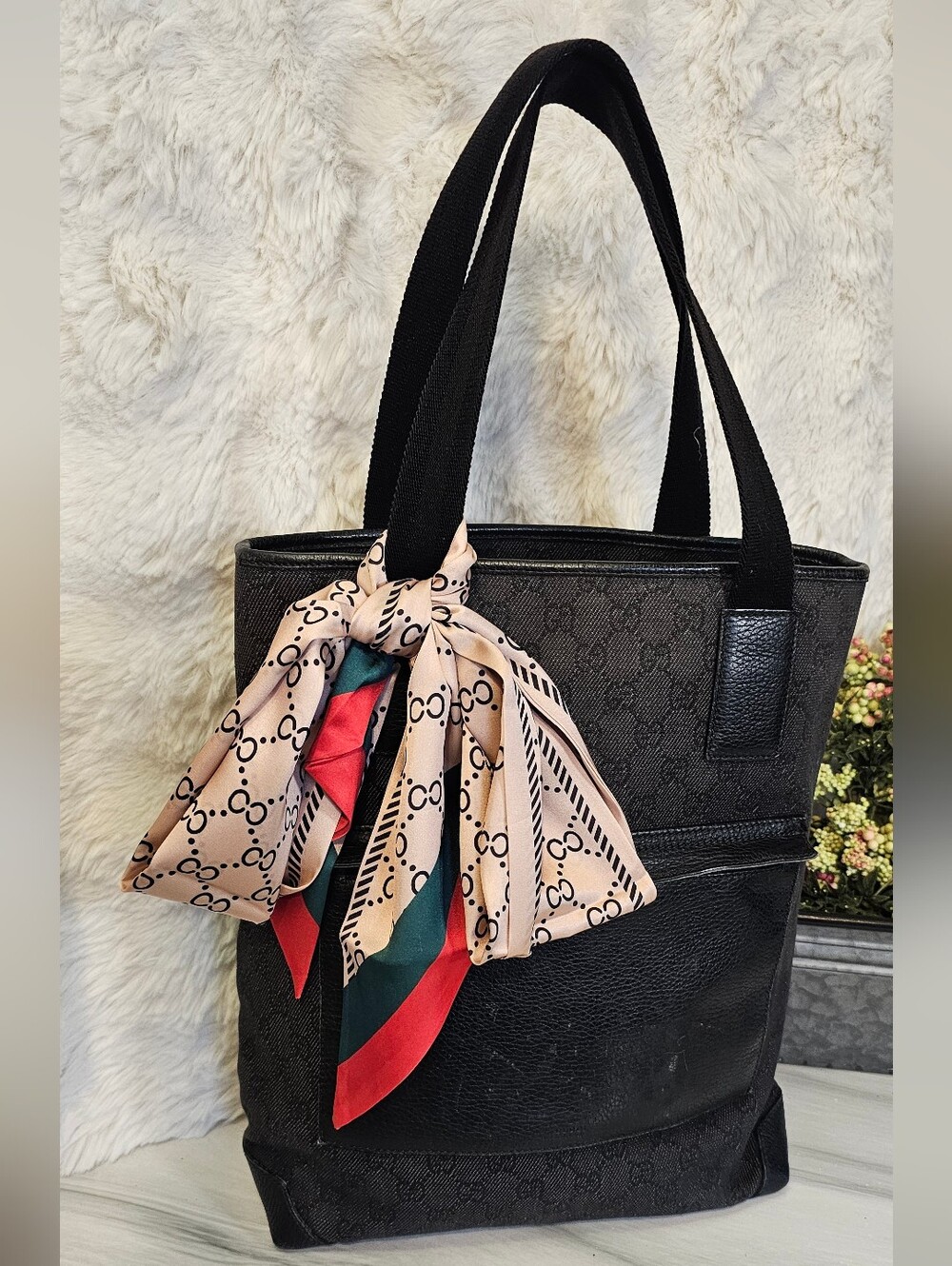 Gucci Black Monogram Tote with Front Zip Pocket And COA.